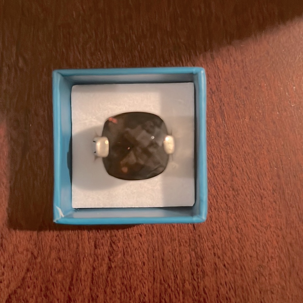 Brighton silver and smokey quartz ring with heart detailing